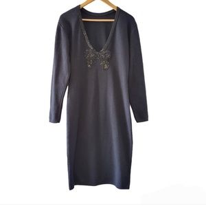 Algo Boutique Vintage Style Bodycon Midi Wool Navy Blue Dress Size Medium.